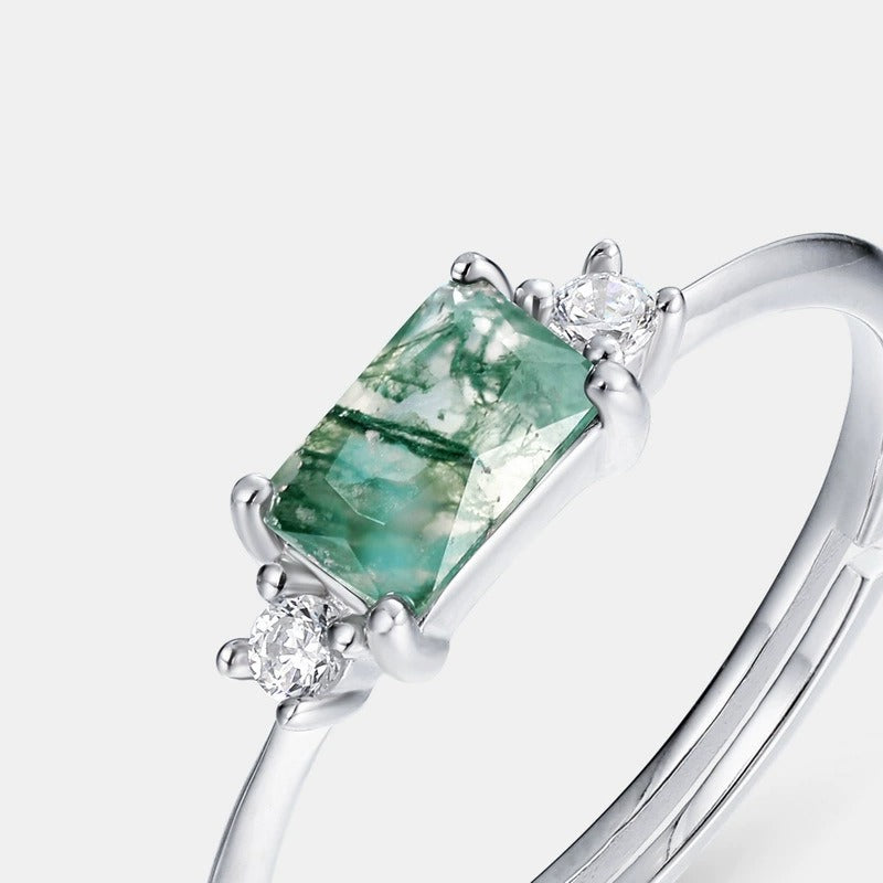 Baguette Cut Moss Agate Classic Adjustable Ring