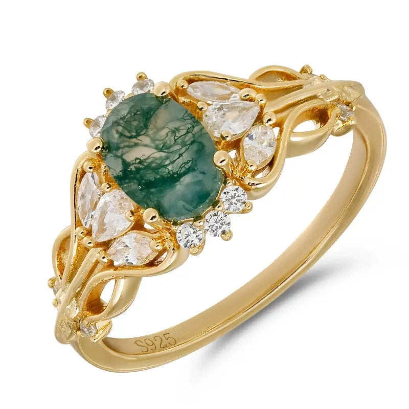 Natural Moss Agate Ring Vintage Elegant Design Engagement Ring