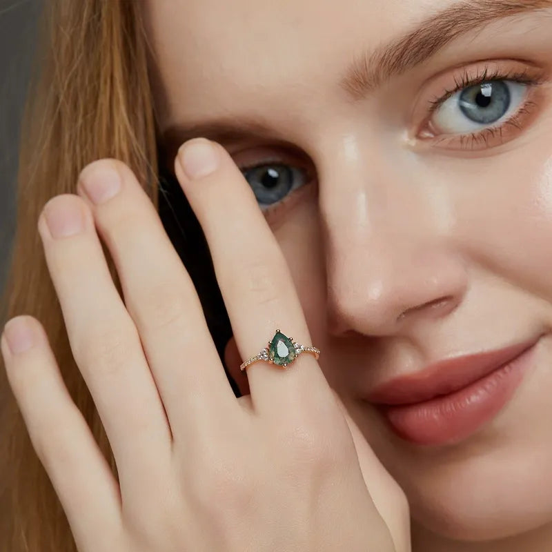 Pear Cut Green Moss Agate Cluster Classic Engagement Ring