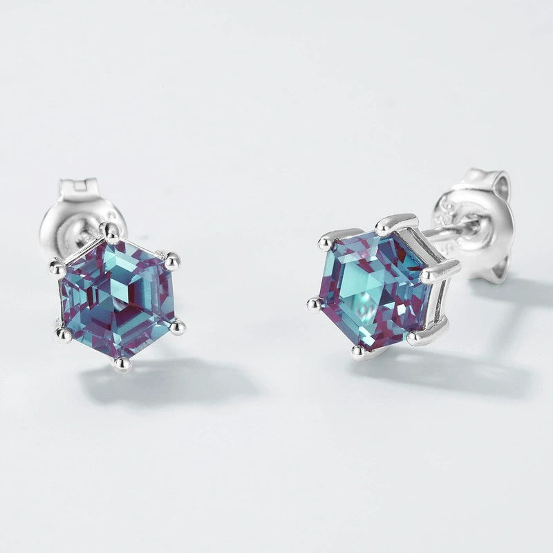 Hexagon Cut Lab Alexandrite Classic Stud Earrings