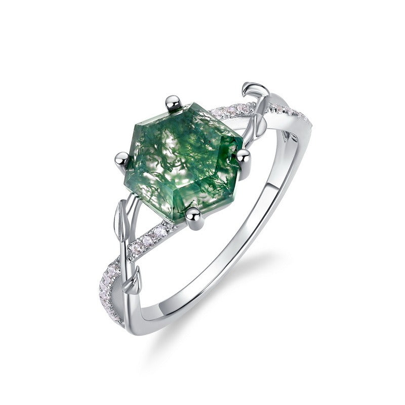Hexagon Cut Green Moss Agate Leaf Engagement Ring