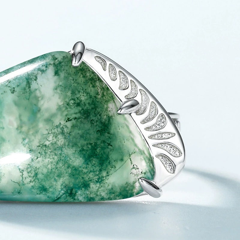 Irregular Cut Moss Agate Nature Inspired Adjustable Ring