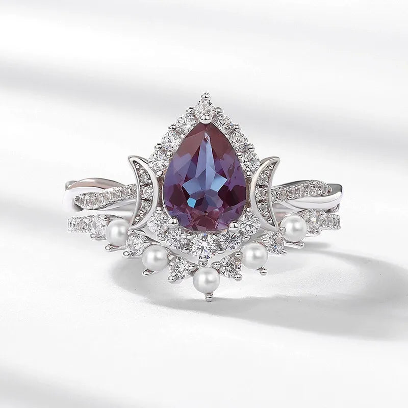 Lab Alexandrite and Freshwater Pearl Silver Stackable Crescent Moon Ring