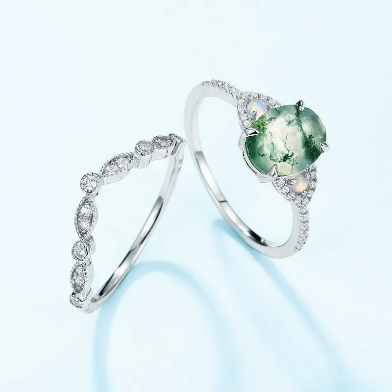 Unique Oval Cut Moss Agate & Opal Vintage Engagement Ring