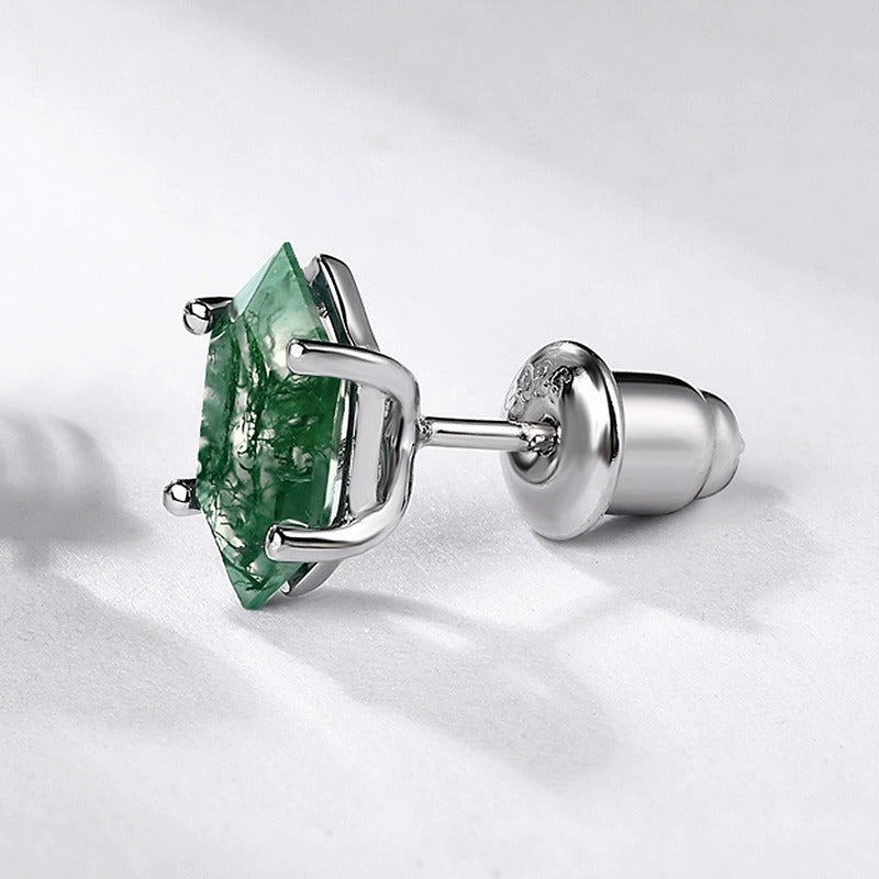 Hexagon Cut Moss Agate Classic Stud Earrings for Women