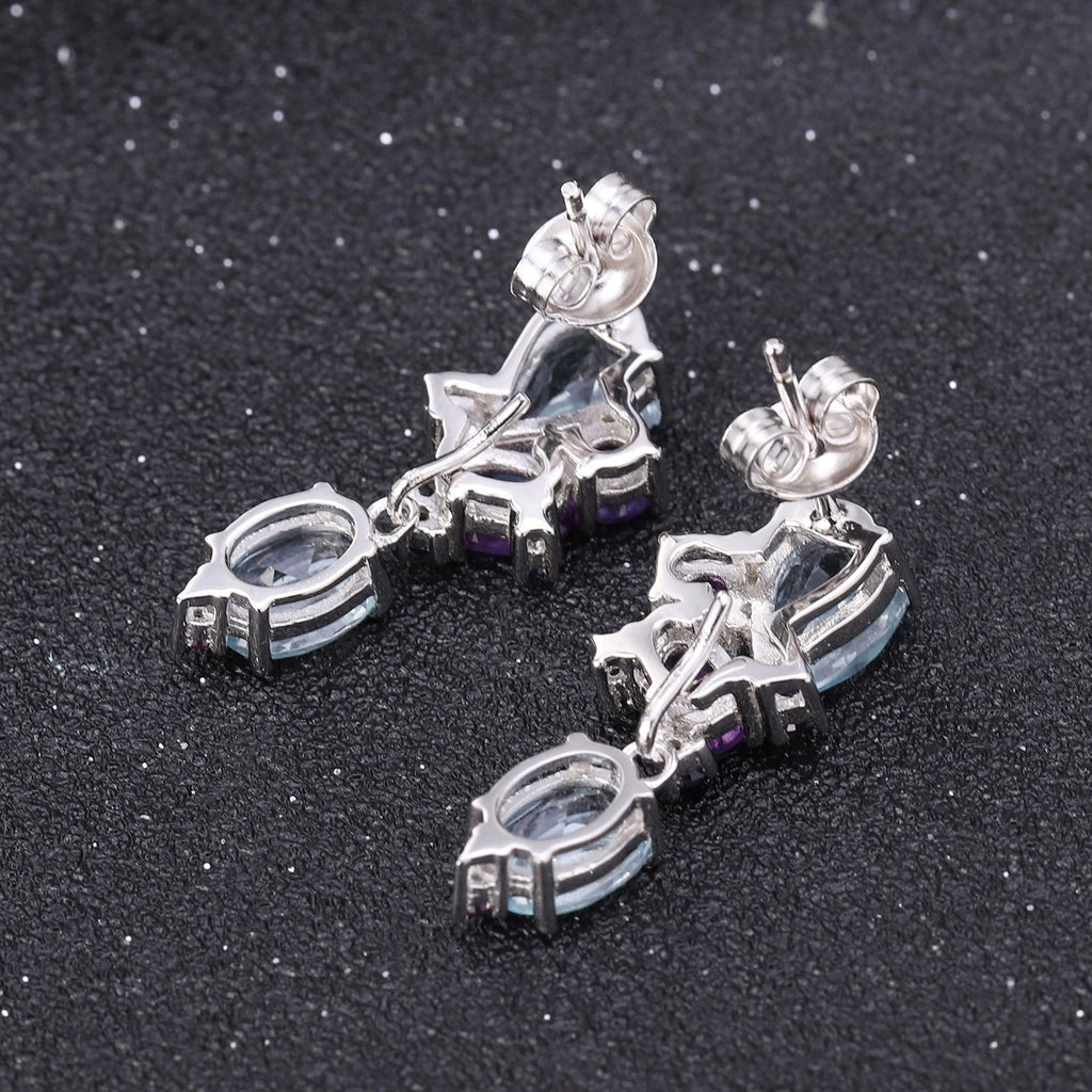 Pear & Oval Cut Natural Topaz&Amethyst Unique Drop Earrings