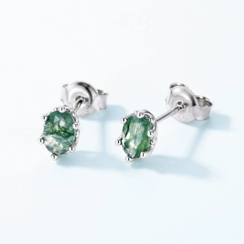 Oval Cut Moss Agate Classic Minimalist Stud Earrings