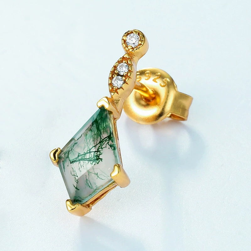 Kite Cut Moss Agate Nature Signature Vintage Stud Earrings