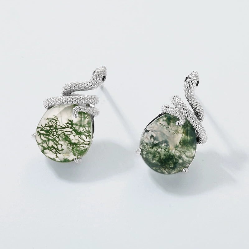 Pear Cut Moss Agate Unique Snake Stud Earrings