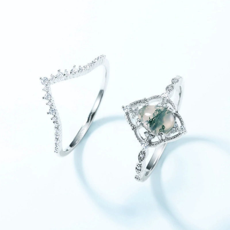 Pear Cut Moss Agate Vintage Bridal Ring Set