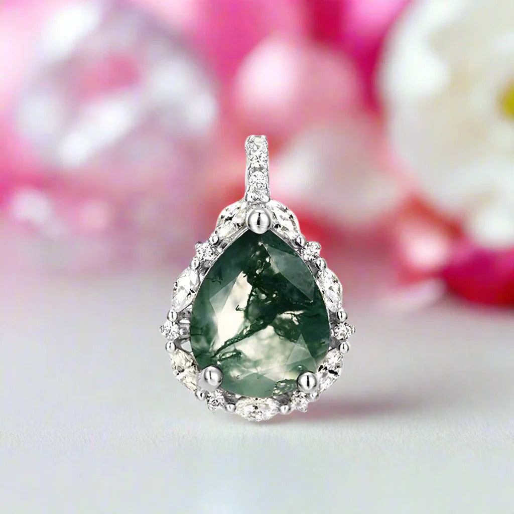 'Forest Halo' Pear Cut Moss Agate Halo Necklace