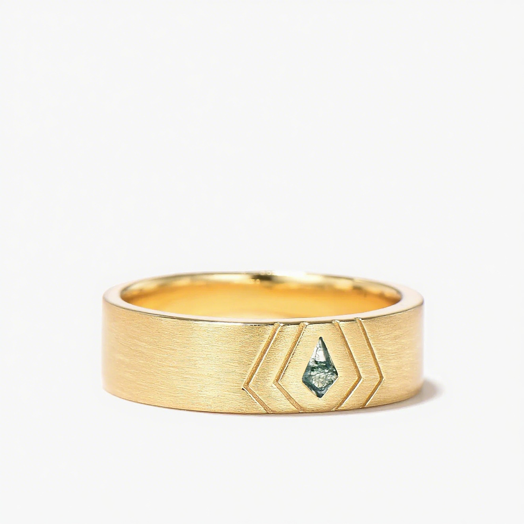 6MM Brushed Kite Cut Moss Agate Solitaire Men Band