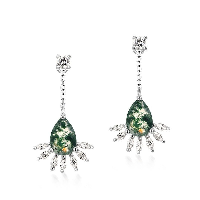 Pear Cut Moss Agate Tassel Design Classic Drop Earrings