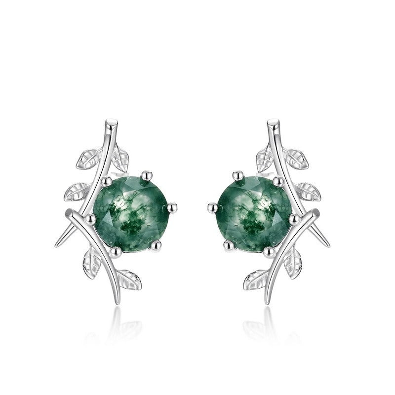 Round Cut Moss Agate Nature Inspired Olive Branch Stud Earrings