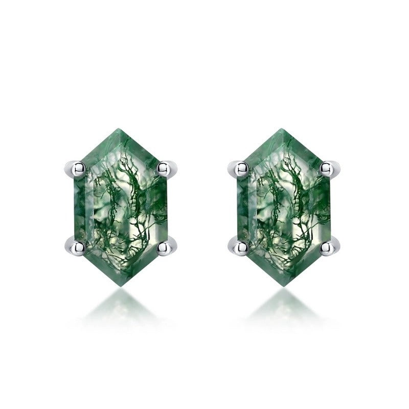 Hexagon Cut Moss Agate Classic Stud Earrings for Women