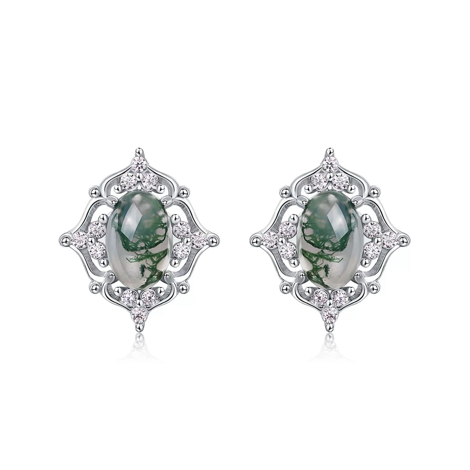 Oval Cut Moss Agate Vintage Stud Earrings for Women