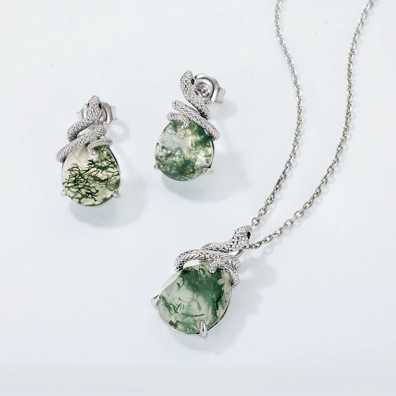 Pear Cut Moss Agate Unique Snake Stud Earrings