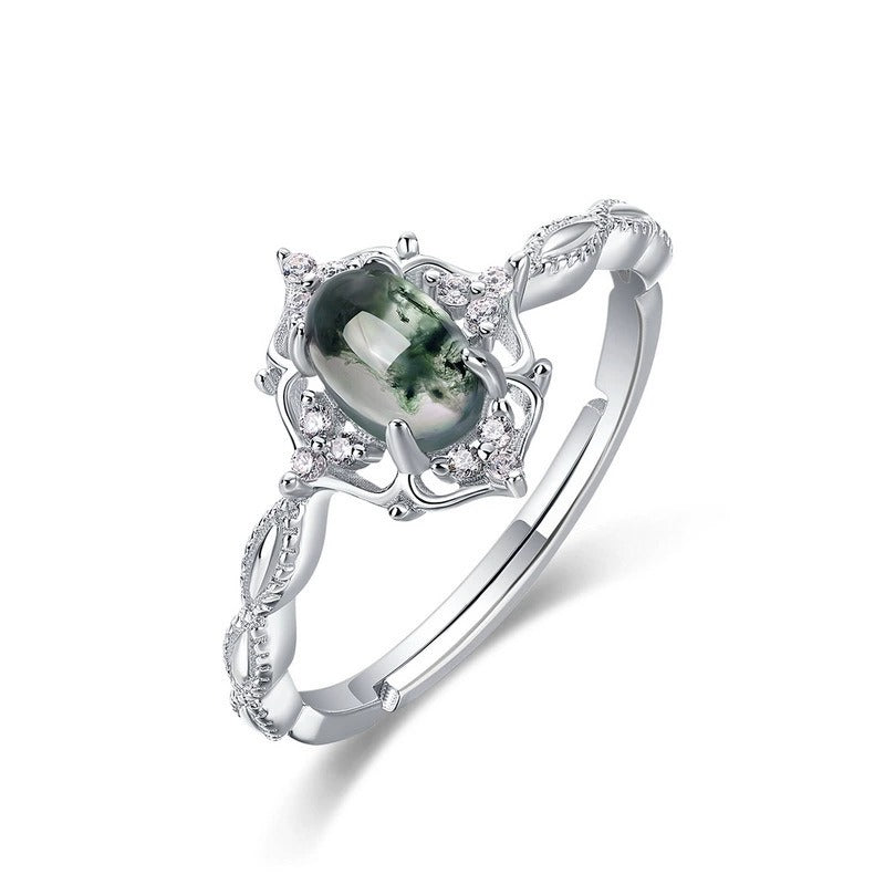 Oval Cut Moss Agate Vintage Adjustable Ring