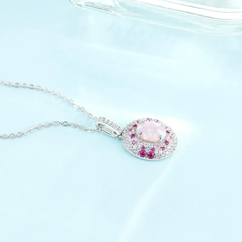 Selene Oval Cut Pink Opal Halo Necklace