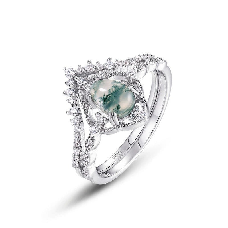 Pear Cut Moss Agate Vintage Bridal Ring Set