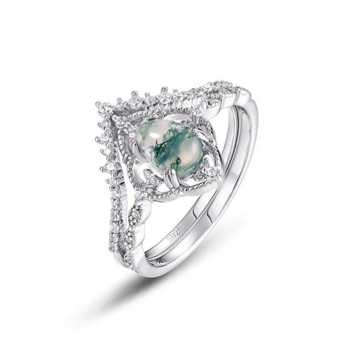 Pear Cut Moss Agate Vintage Bridal Ring Set