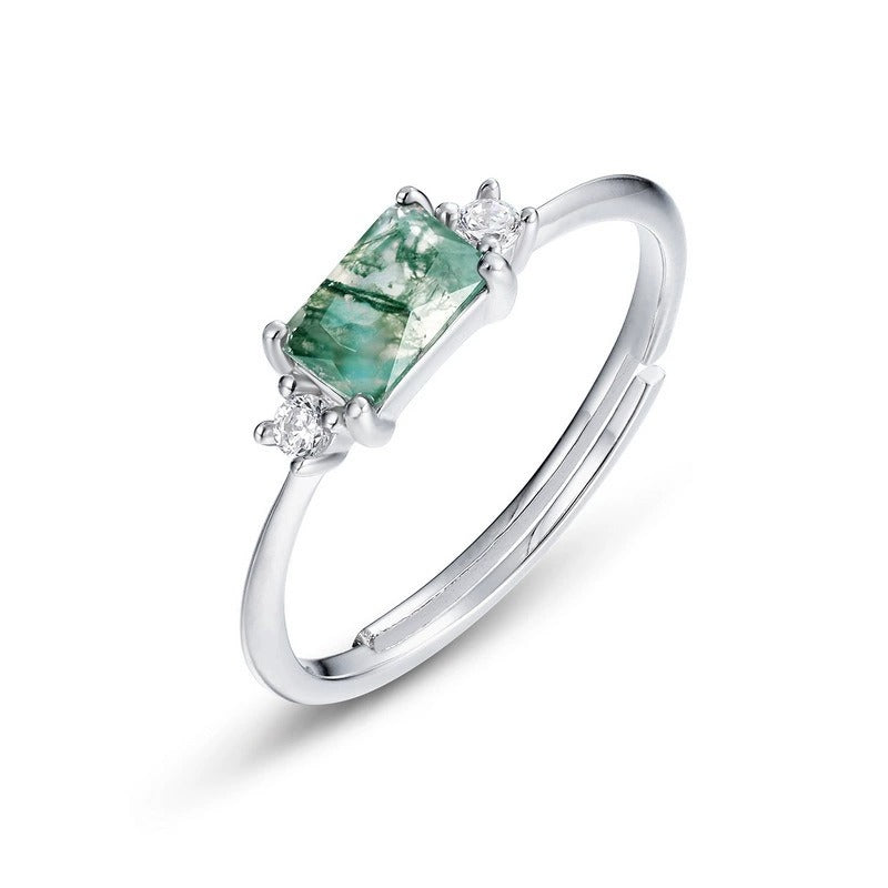 Baguette Cut Moss Agate Classic Adjustable Ring