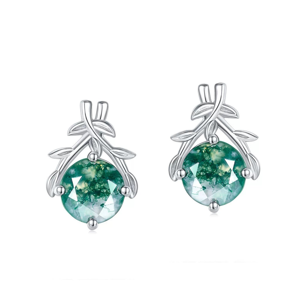 Round Cut Moss Agate Nature Inspired Olive Branch Stud Earrings