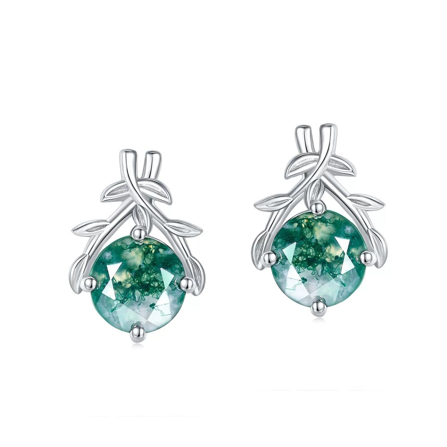 Round Cut Moss Agate Nature Inspired Olive Branch Stud Earrings