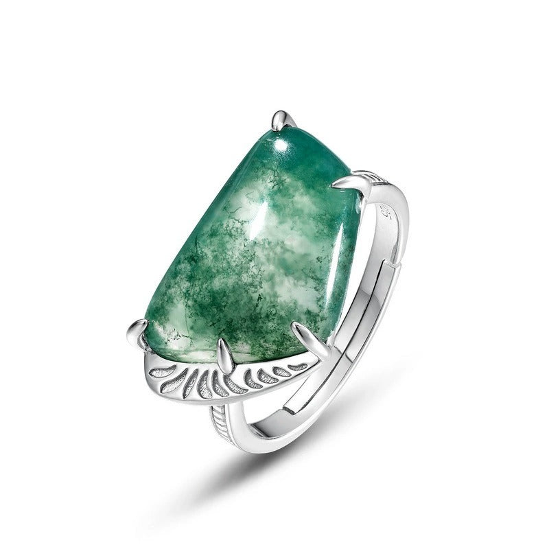 Irregular Cut Moss Agate Nature Inspired Adjustable Ring