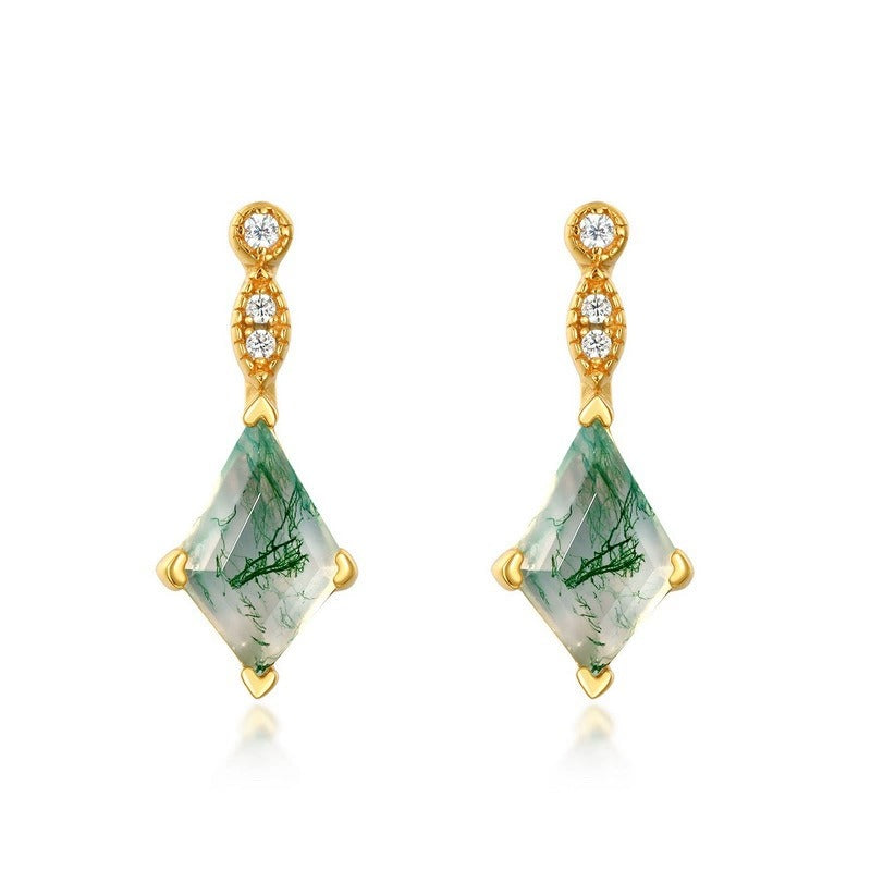 Kite Cut Moss Agate Nature Signature Vintage Stud Earrings