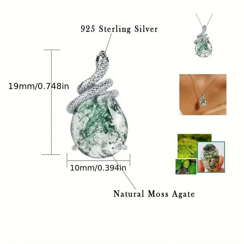 Pear Cut Moss Agate Mystical Serpent Carved Nature Inspired  Necklace