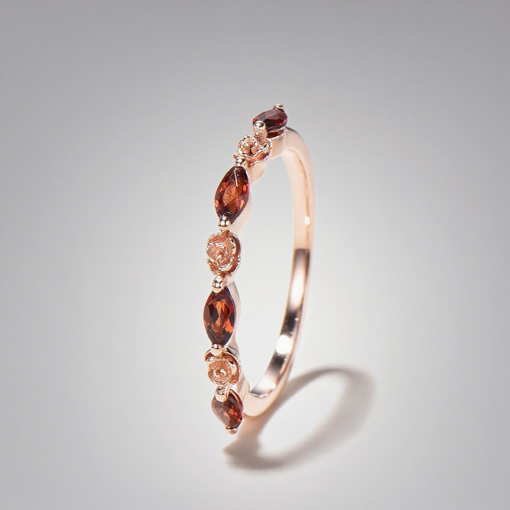 Marquise Cut Garnet & Flower Half Eternity Wedding Band