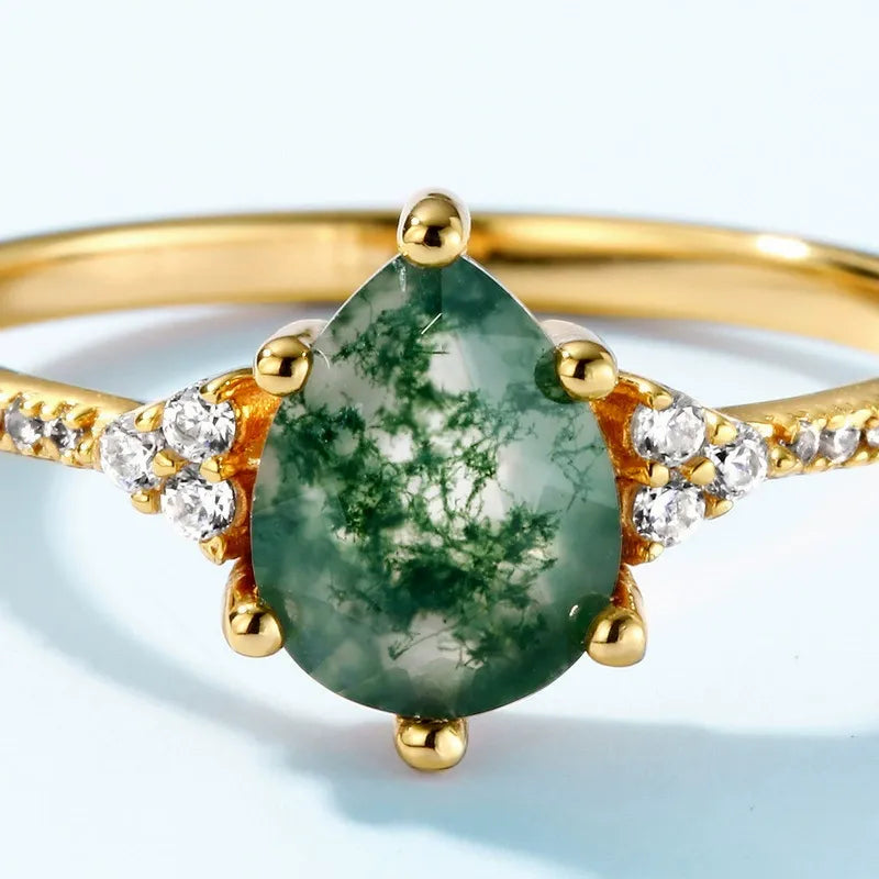 Pear Cut Green Moss Agate Cluster Classic Engagement Ring