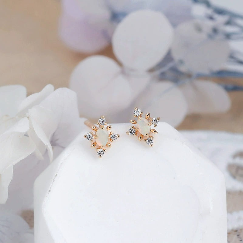 Oval Cut Natural Opal Classic Minimalist Snowflake Stud Earrings