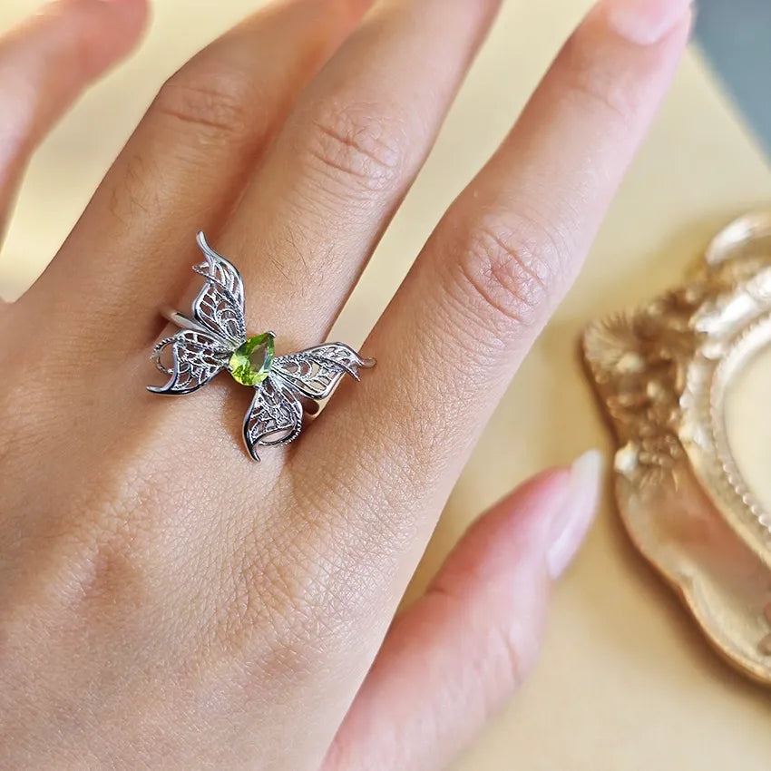 Natural Amethyst Butterfly Adjustable Ring Elegant Unique Jewelry