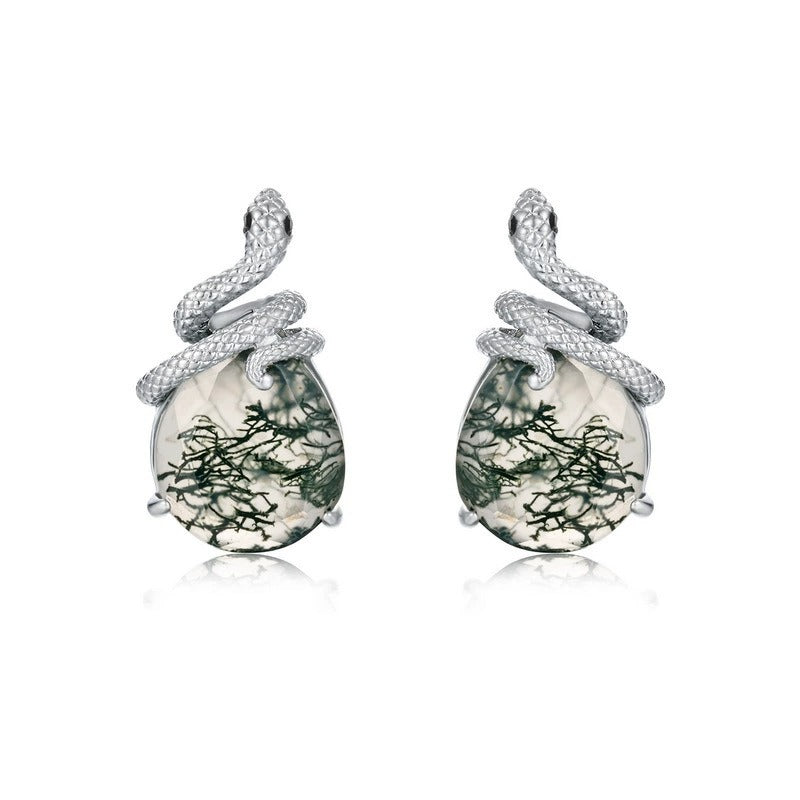 Pear Cut Moss Agate Unique Snake Stud Earrings