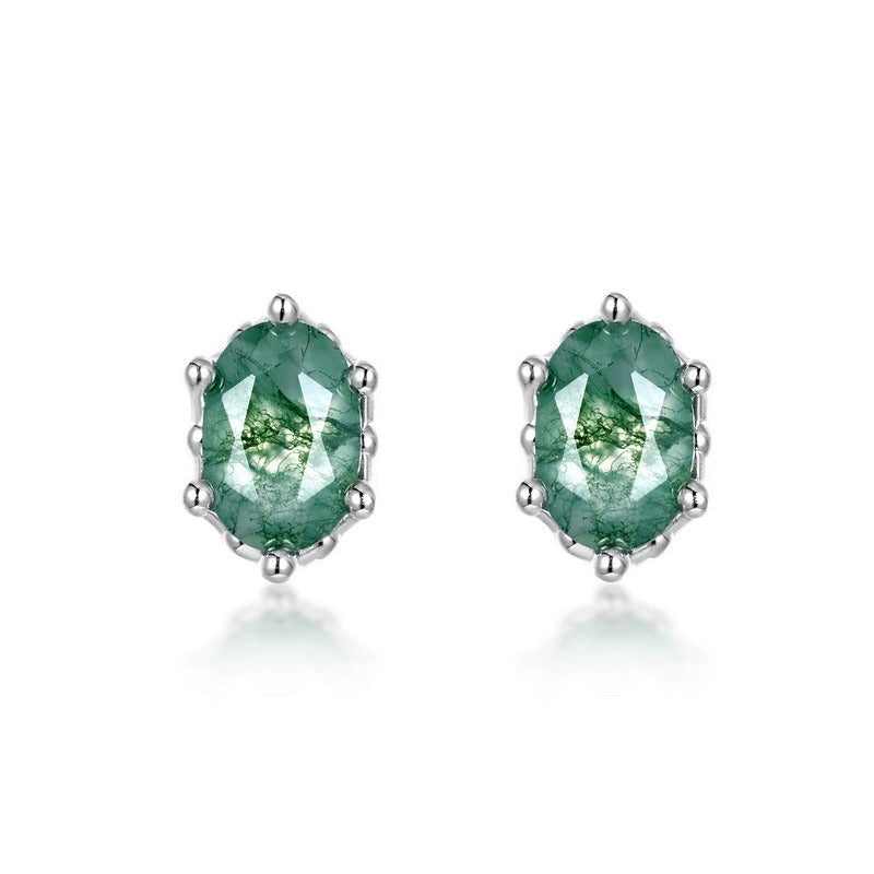 Oval Cut Moss Agate Classic Minimalist Stud Earrings