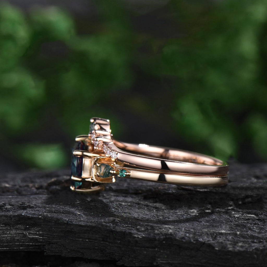 Leaf Art Deco 10K Rose Gold Natural Round Moss Agate Engagement Bridal Ring Set