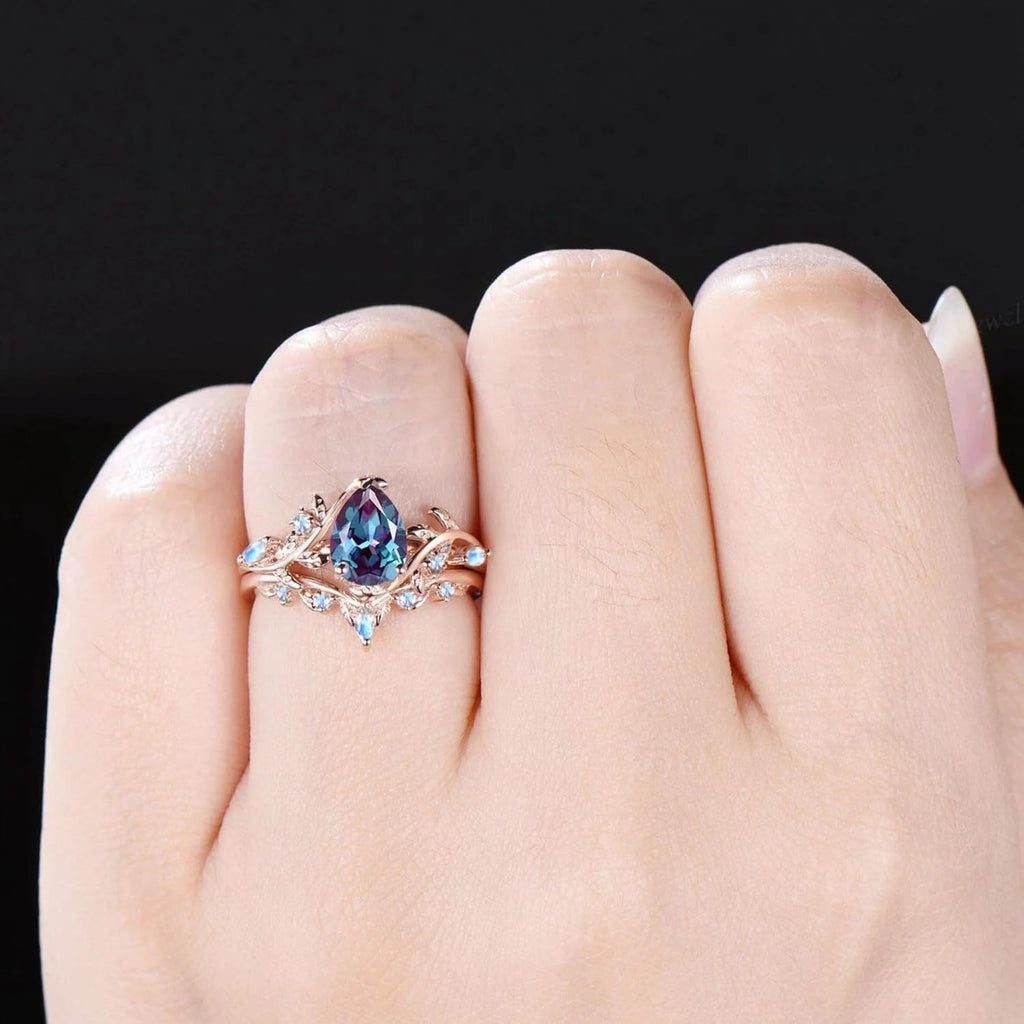 1.5CT Pear Natural Lab Alexandrite & Moonstone Leaf Wedding Bridal Set