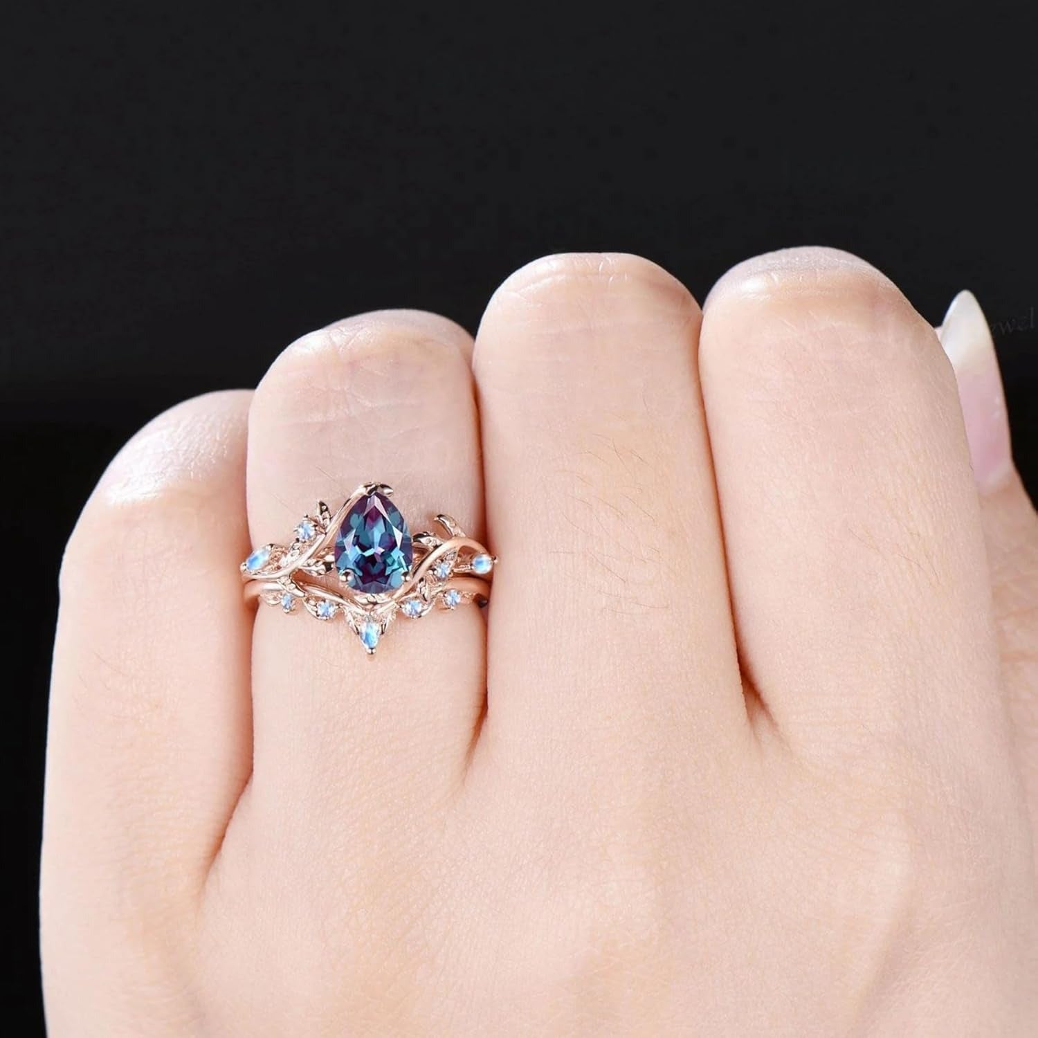 1.5CT Pear Natural Lab Alexandrite & Moonstone Leaf Wedding Bridal Set