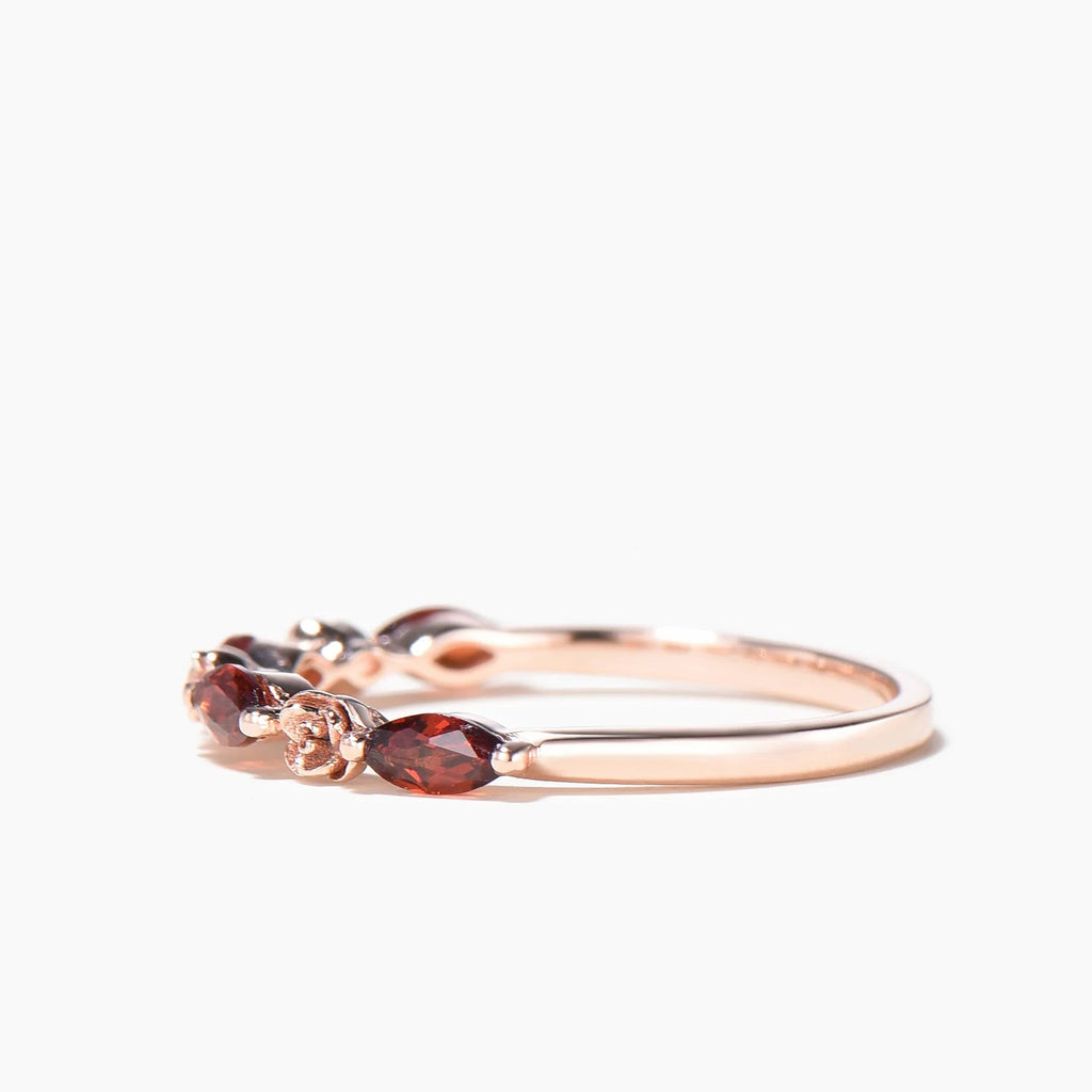Marquise Cut Garnet & Flower Half Eternity Wedding Band