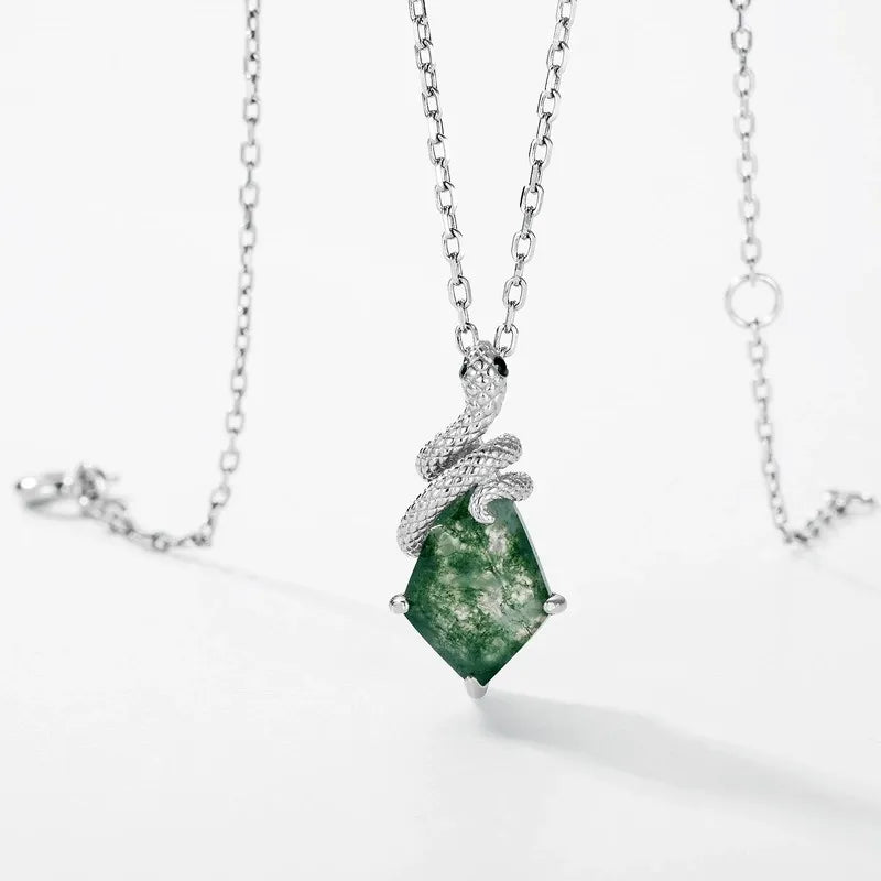 Pear Cut Moss Agate Mystical Serpent Carved Nature Inspired  Necklace