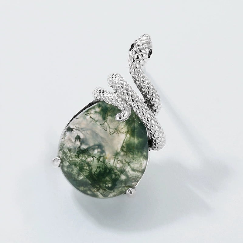 Pear Cut Moss Agate Unique Snake Stud Earrings