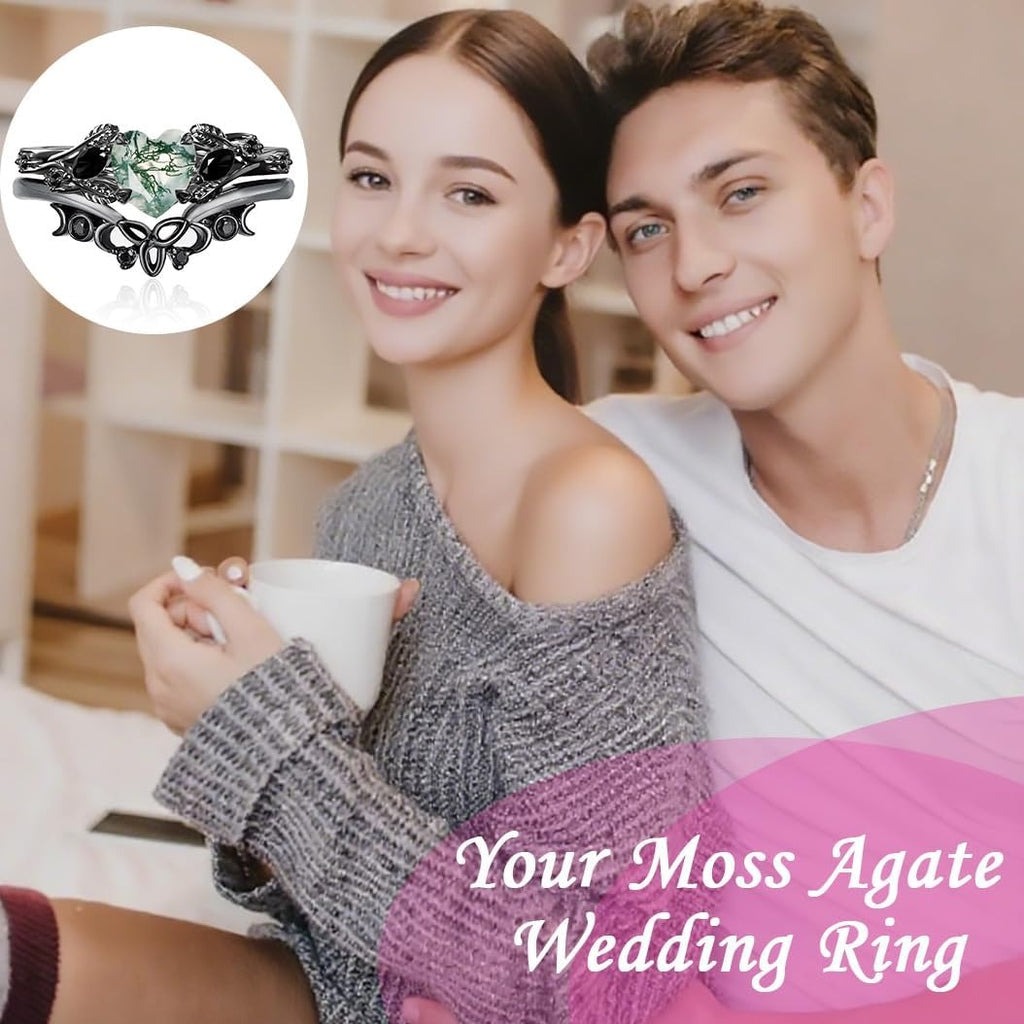 Black Gold Heart Cut Green Moss Agate & Black Moissanite Wedding Ring Set