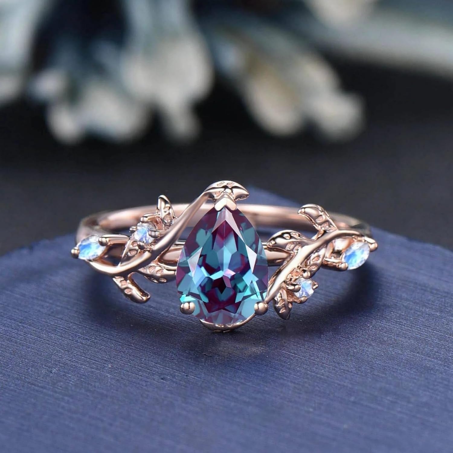 1.5CT Pear Natural Lab Alexandrite & Moonstone Leaf Wedding Bridal Set