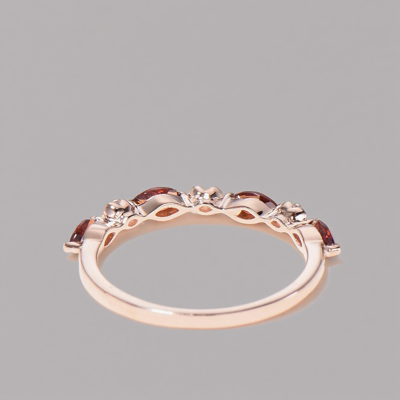 Marquise Cut Garnet & Flower Half Eternity Wedding Band