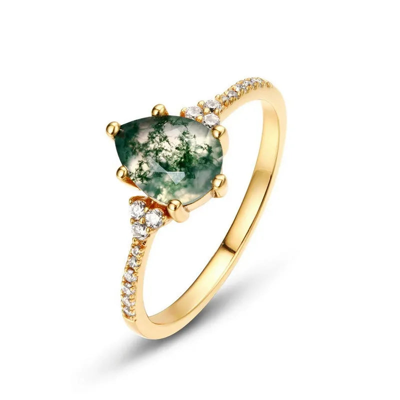 Pear Cut Green Moss Agate Cluster Classic Engagement Ring