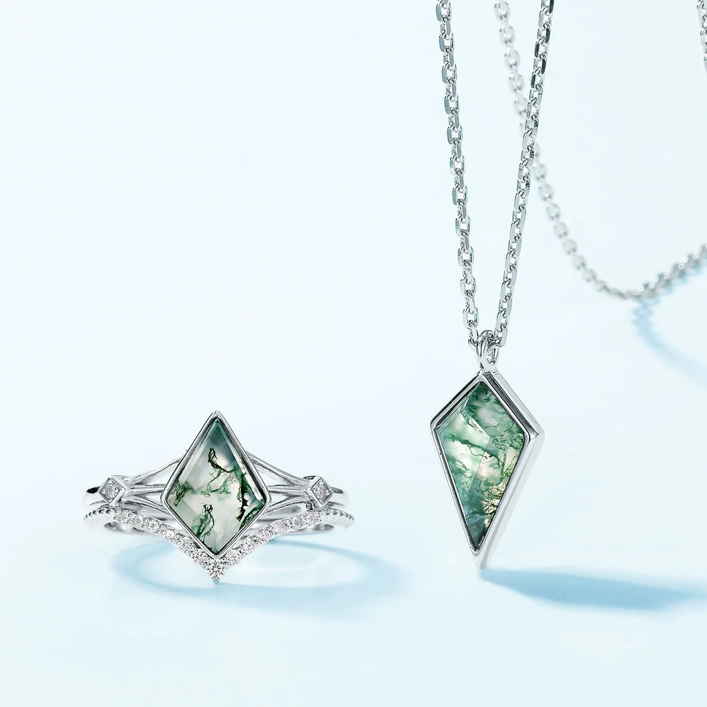 'Greenlight' Natural Moss Agate Kite Shape Dainty Necklace Promise Gift Friendship Gift
