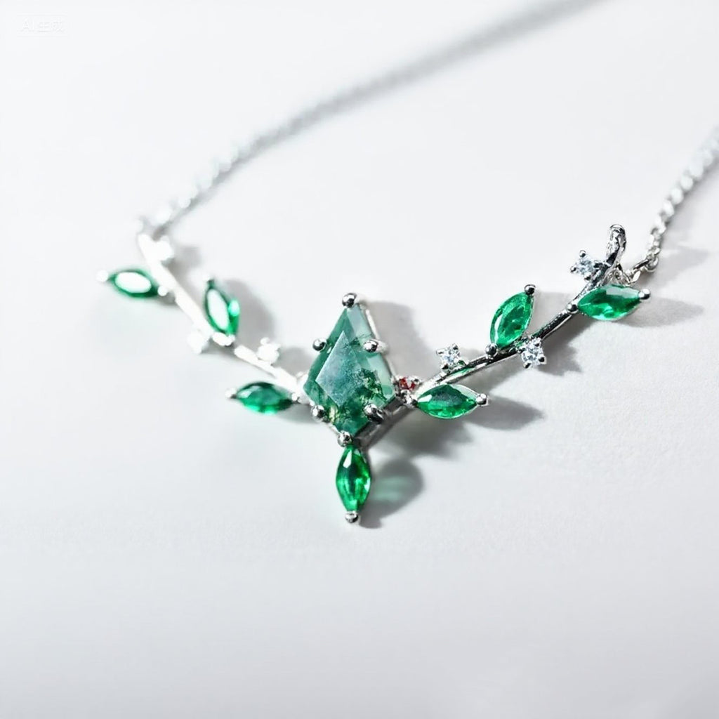 Kite Cut Moss Agate Leaf Cluster Antler Design Necklace - Elara