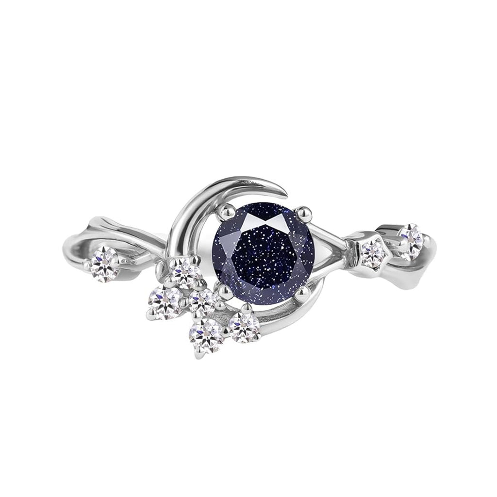Unique Round Shape Blue Sandstone Moon Star Engagement Ring